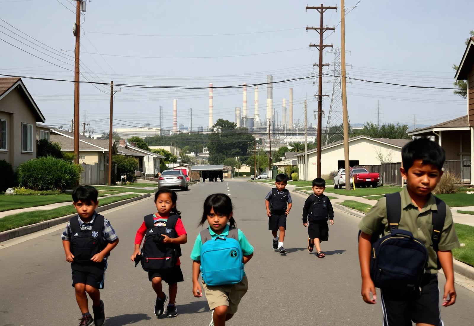 Schoolchildren walk through a California residential street with refinery smokestacks visible in the distance.