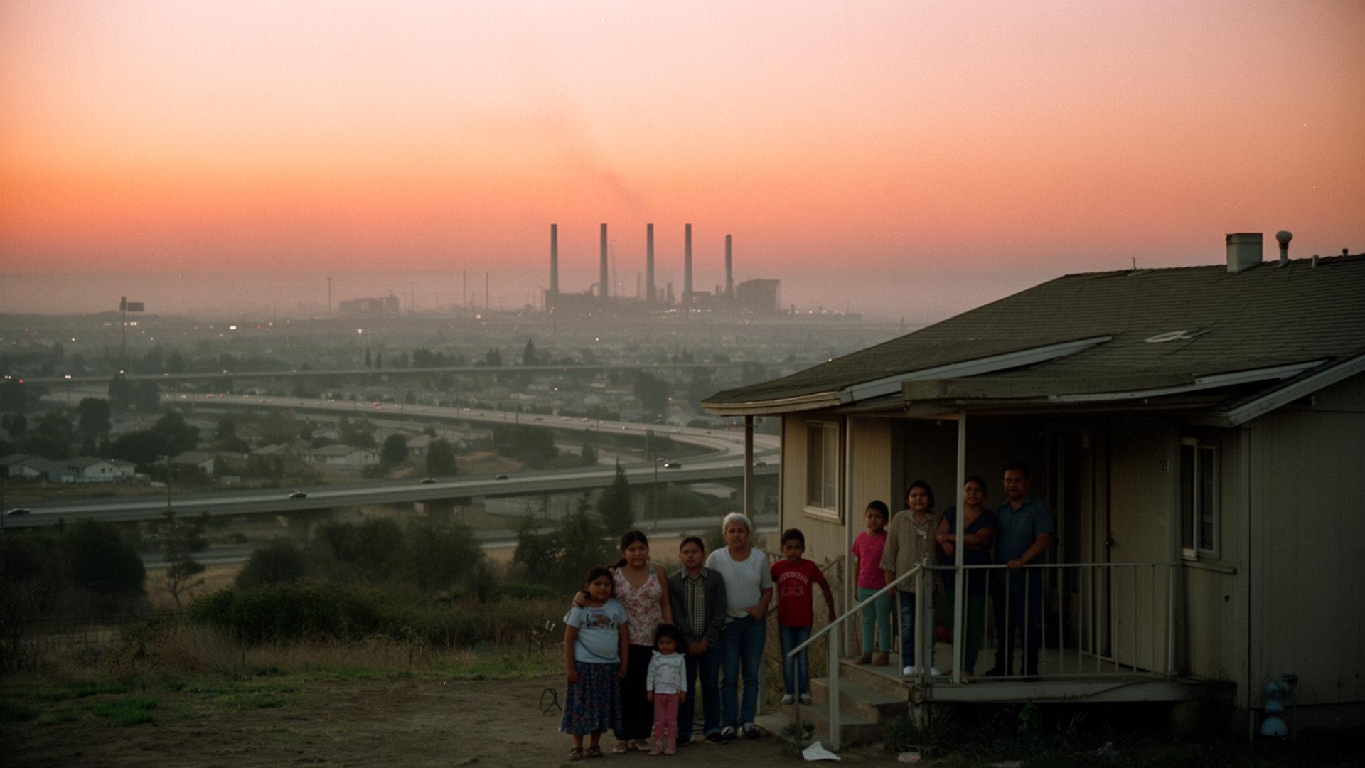A multigenerational California family stands on their front porch with industrial smokestacks and a freeway interchange in the distance at dusk.
